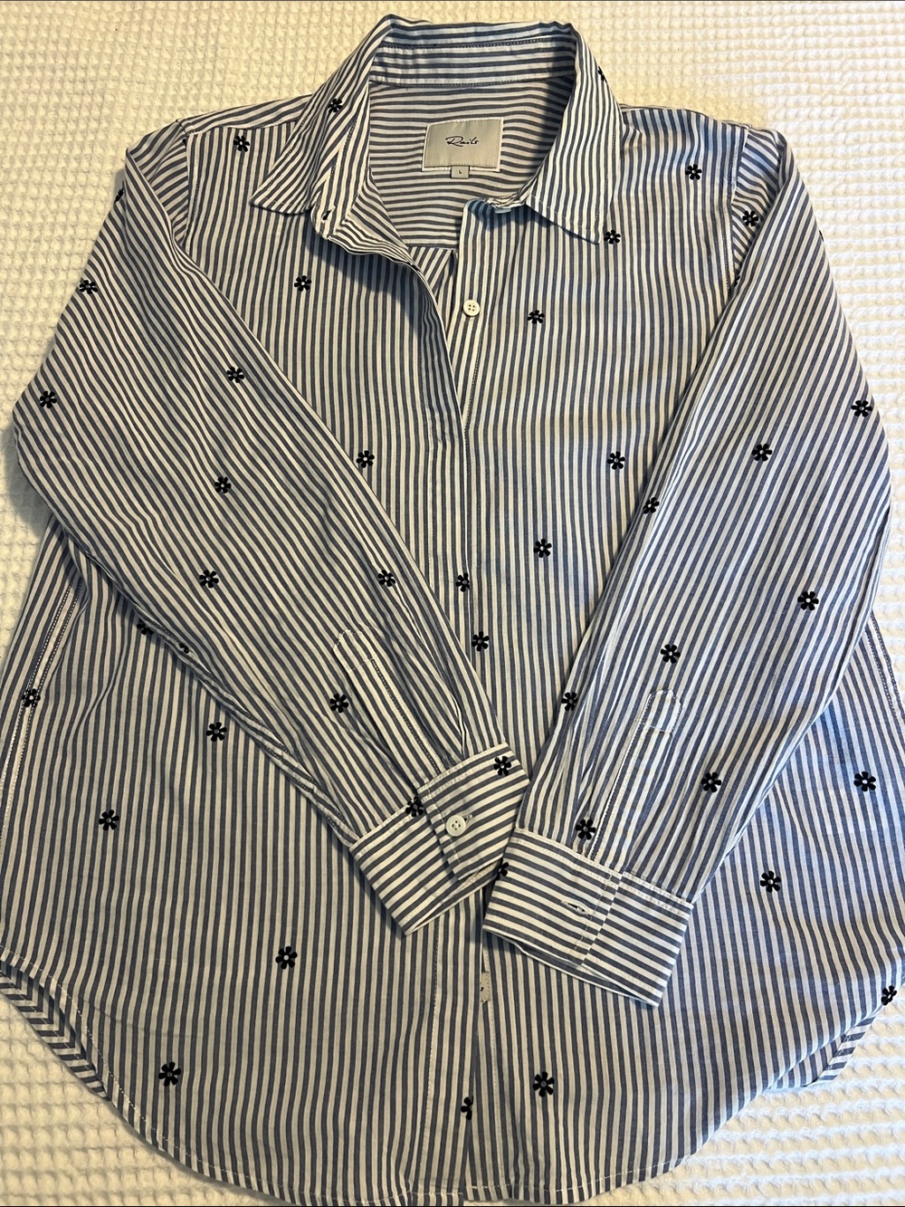 Rails Blue and White Striped Button-Up Shirt with Black Floral Embroidery